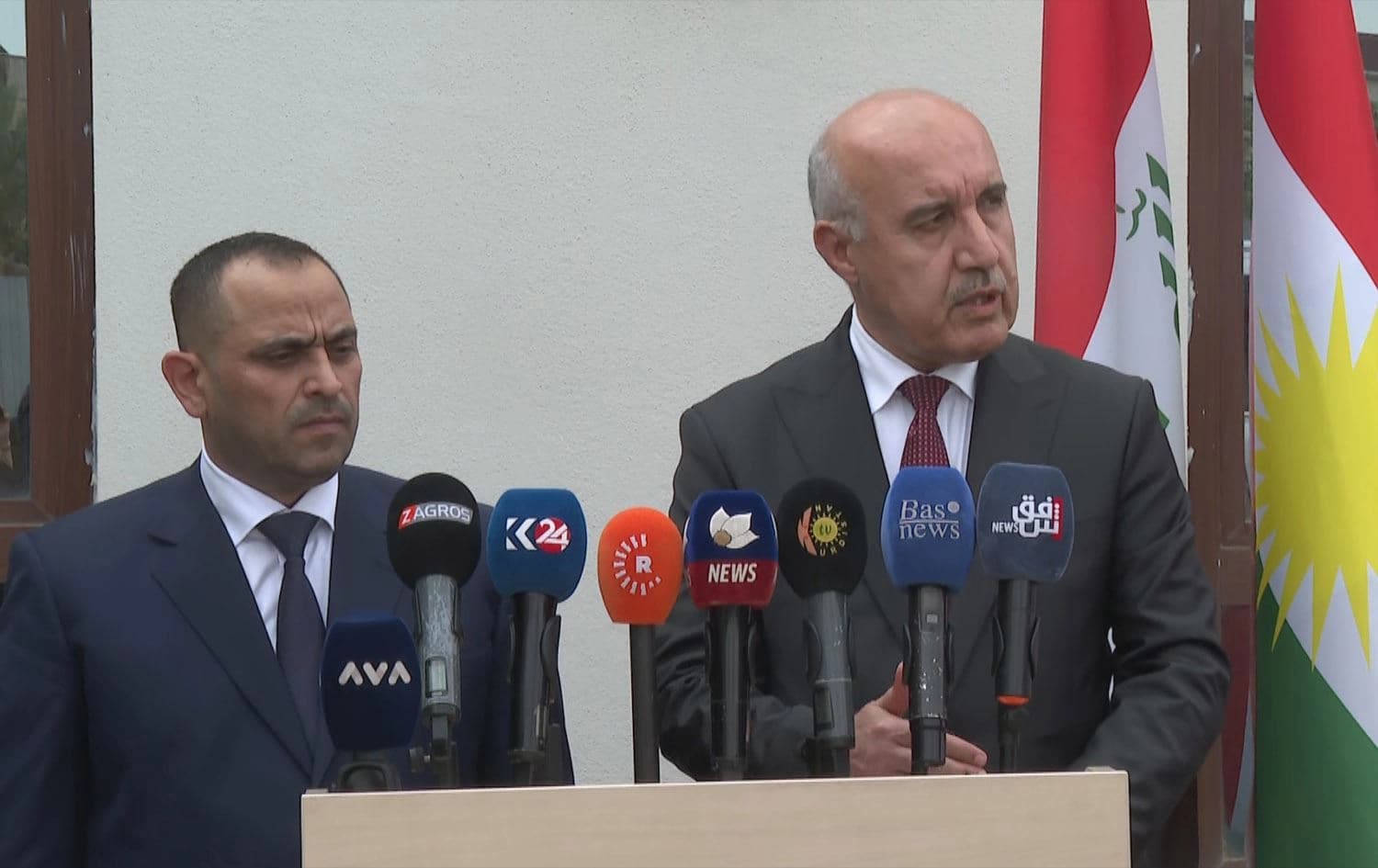 Iraqi Electricity Minister Ziyad Ali Fadhil (left) and KRG Electricity Minister Kamal Mohammad Salih (right) hold a joint press conference in Erbil on May 2, 2024. Photo: Rudaw/screengrab