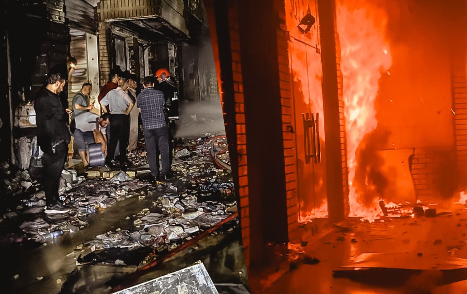 Images of Erbil's Qaysari Bazaar fire before (right) and after (left) it was brought under control on May 5, 2024. Photos: Submitted