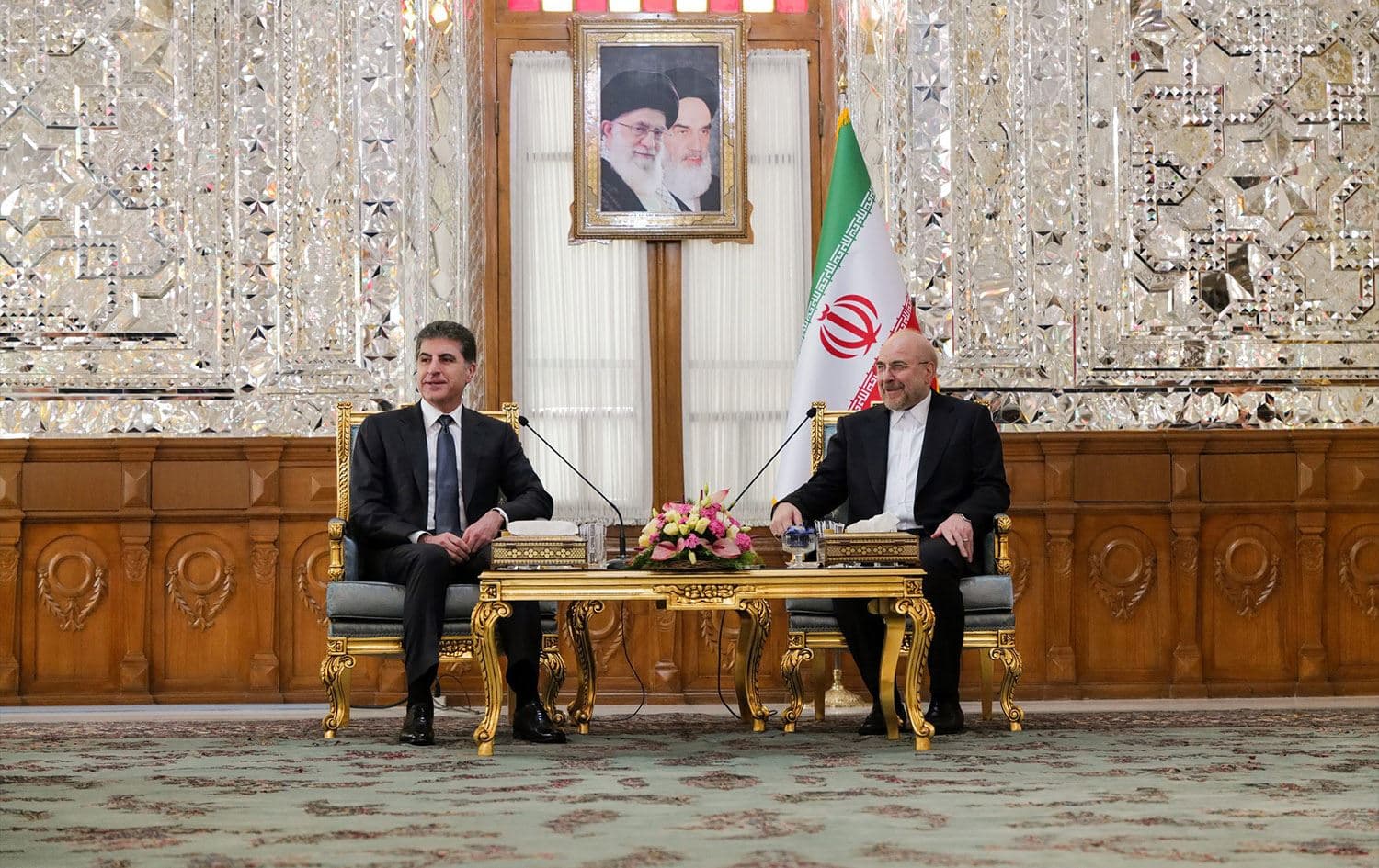 Kurdistan Region President Nechirvan Barzani (left) and Speaker of the Iranian Parliament Mohammad Bagher Ghalibaf (right) meeting in Tehran on May 7, 2024. Photo: Office of President Barzani