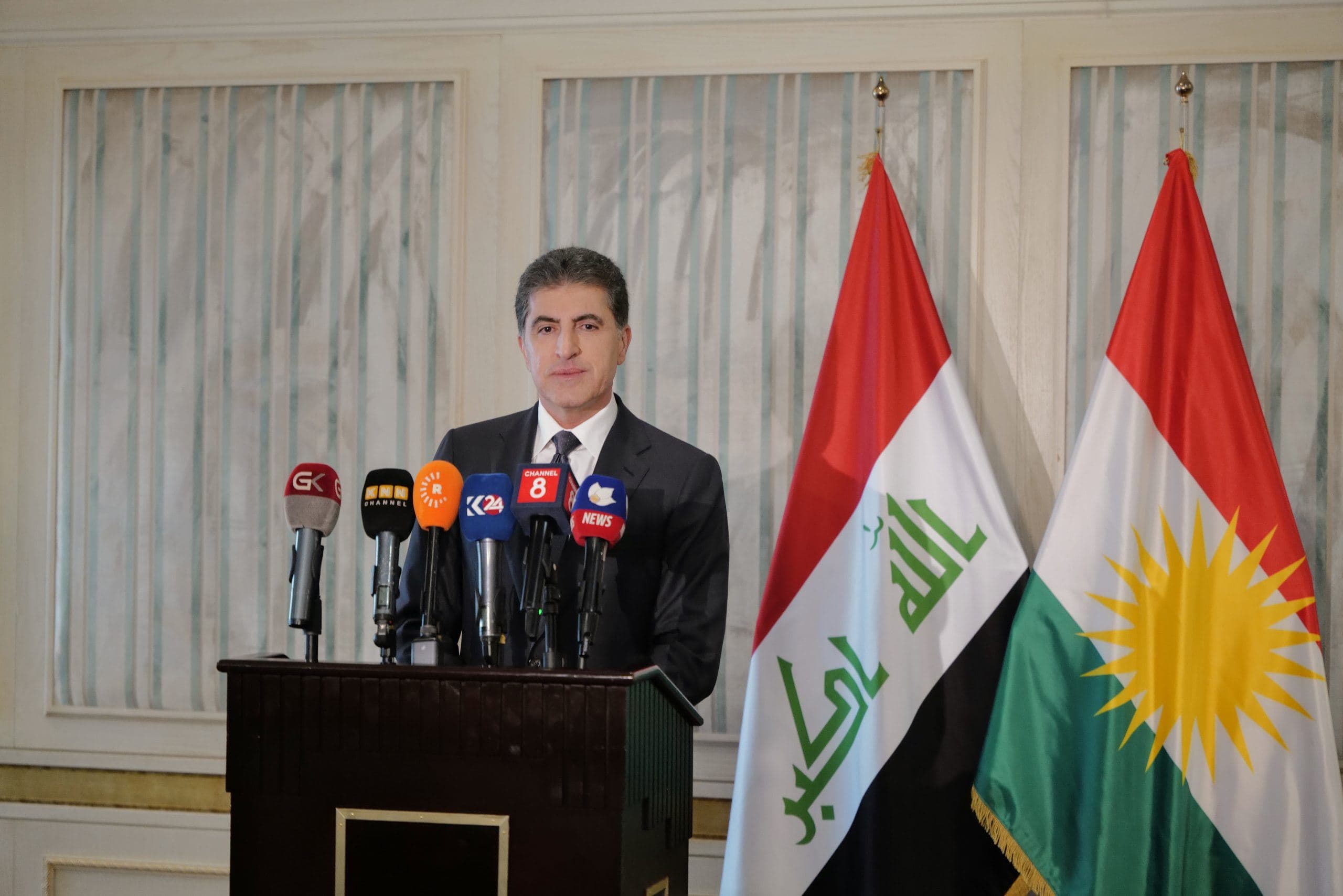 Kurdistan Region President Nechirvan Barzani speaking to reporters in Tehran on May 7, 2024. Photo: Kurdistan Region Presidency 