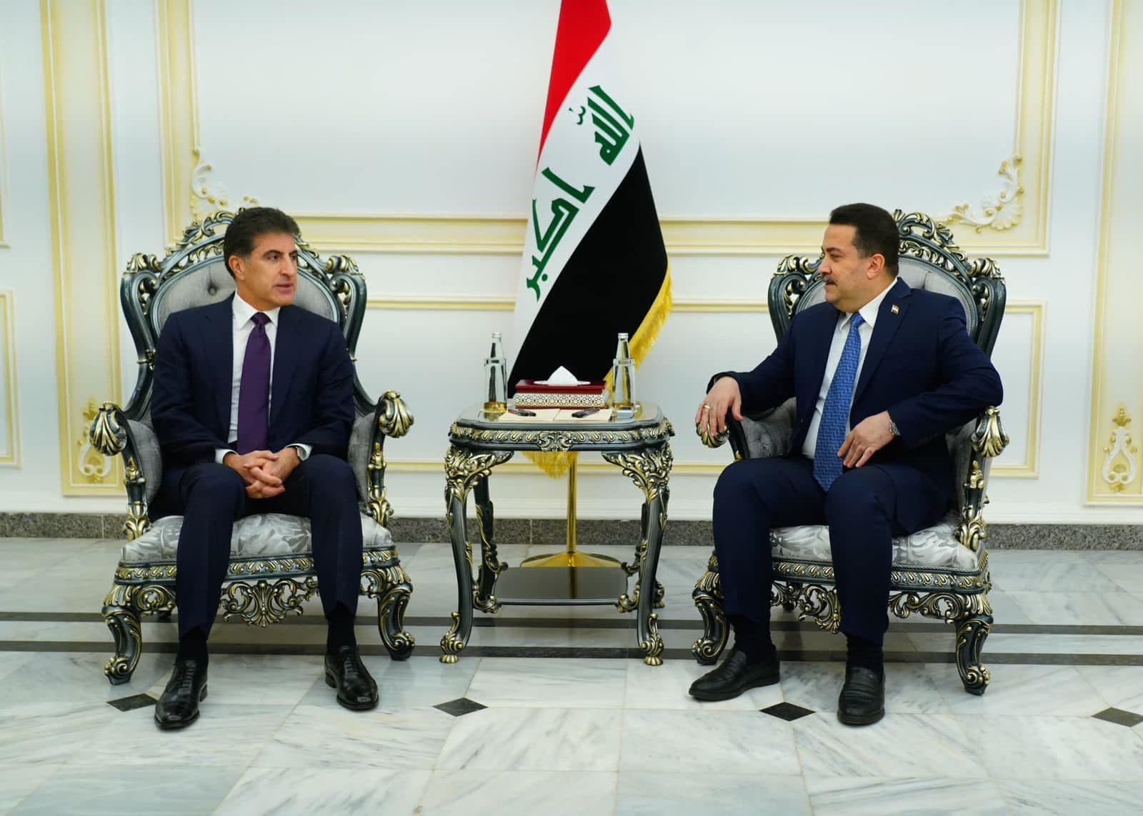Kurdistan Region President Nechirvan Barzani (left) and Iraqi Prime Minister Mohammed Shia’ al-Sudani (right) meeting in Baghdad on May 14, 2024. Photo: Sudani's office 
