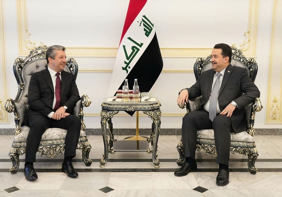 Kurdistan Region Prime Minister Masrour Barzani (left) and Iraqi PM Mohammed Shia' al-Sudani (right) before their meeting in Baghdad on May 30, 2024. Photo: Rudaw