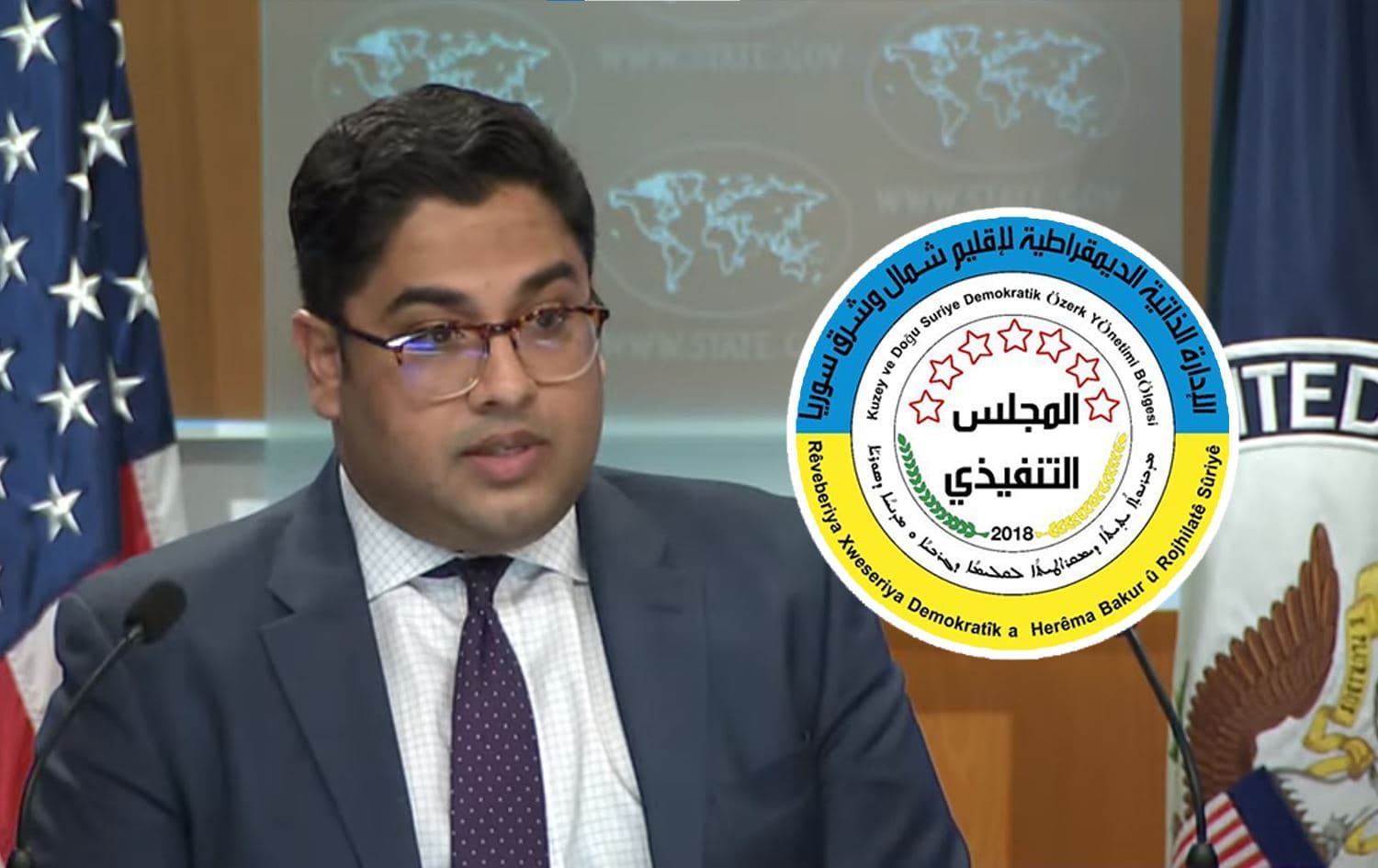 From left: State Department Principal Deputy Spokesperson Vedant Patel speaking to reporters on May 30, 2024, and Rojava government logo