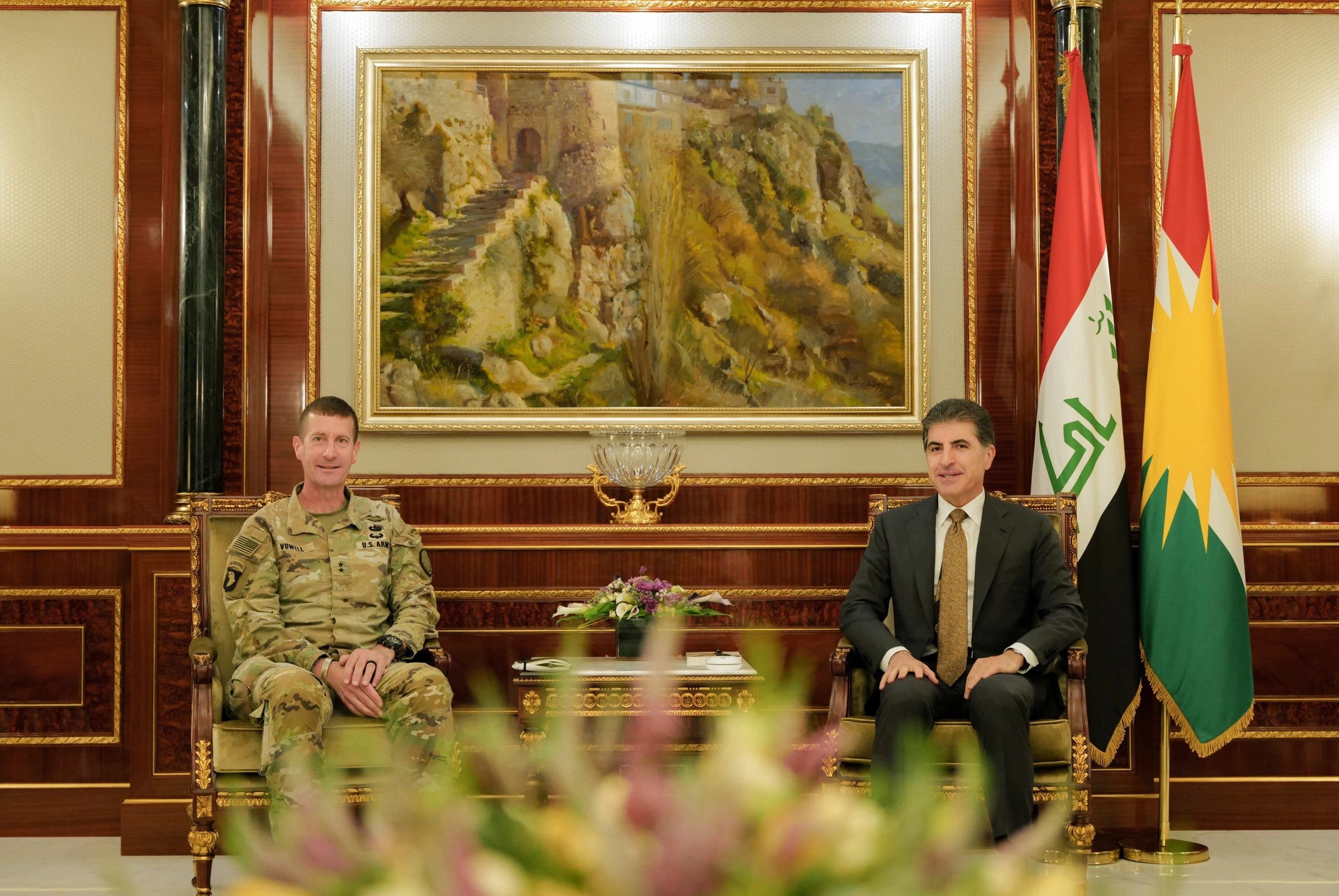 Kurdistan Region President Nechirvan Barzani (right) meeting with coalition commander Joel B. Vowell (left) in Erbil on June 13, 2024. Photo: Rudaw  