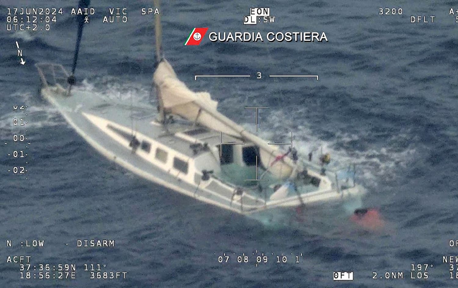 This photo taken and handout on June 17, 2024 by the Guarda Costiera, the Italian Coast Guards, shows a sailboat off the coast of Calabria. Photo: AFP/Guarda Costiera/Handout