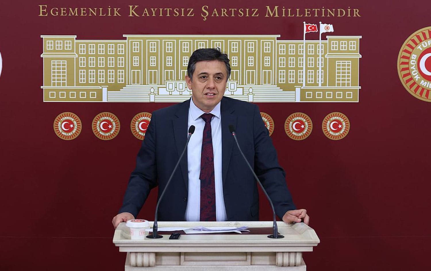 Mehmet Rustu Tiryaki, DEM Party co-chair responsible for local administrations speaking at the Turkish parliament on June 24, 2024. Photo: MA