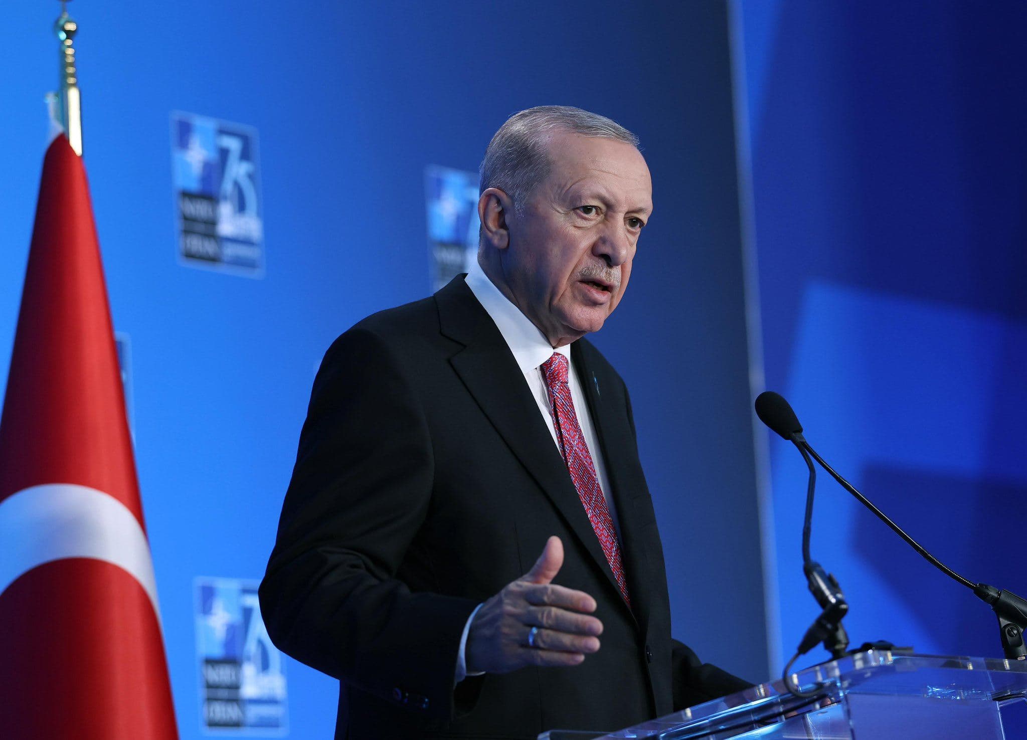 Turkish President Recep Tayyip Erdogan speaking at NATO summit in Washington on July 11, 2024. Photo: Turkish presidency 
