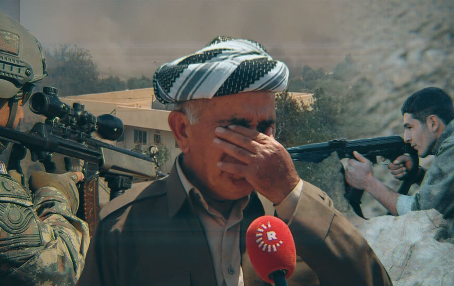From left: a Turkish soldier, a Duhok villager and a PKK fighter, with the aftermath of a bombardment depicted in the background. Graphic: Rudaw