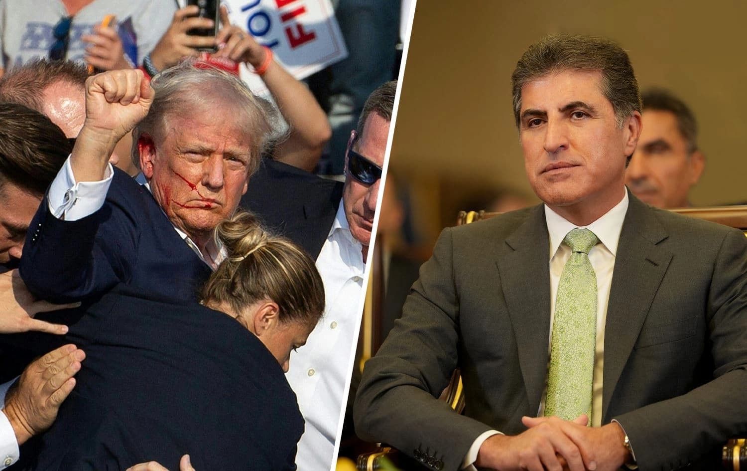 From left: Republican candidate Donald Trump is seen with blood on his face surrounded by secret service agents as he is taken off the stage at a campaign event at Butler Farm Show Inc. in Butler, Pennsylvania, July 13, 2024. Photo: Rebecca Droke/AFP. Kurdistan Region President Nechirvan Barzani. Photo: Office of President Barzani.
