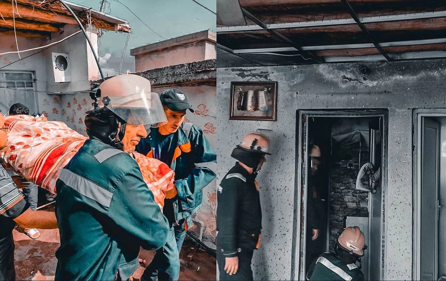 Akre civil defense teams taking out the body of the woman who died in the fire in Dinarta subdistrict on July 20, 2024. Photo: Rudaw