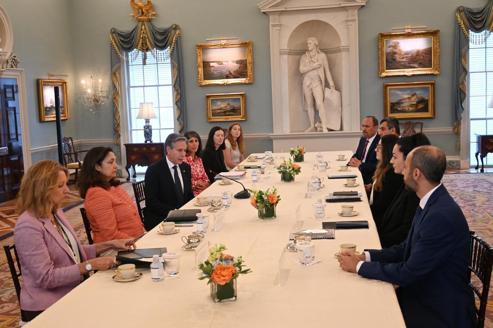 Secretary of the US Department of State Antony Blinken (left center) speaks to Yazidi civil society leaders during a roundtable in Washington, DC, on Tuesday, July 23, 2024. Photo: Rudaw/Barzin Saadi
