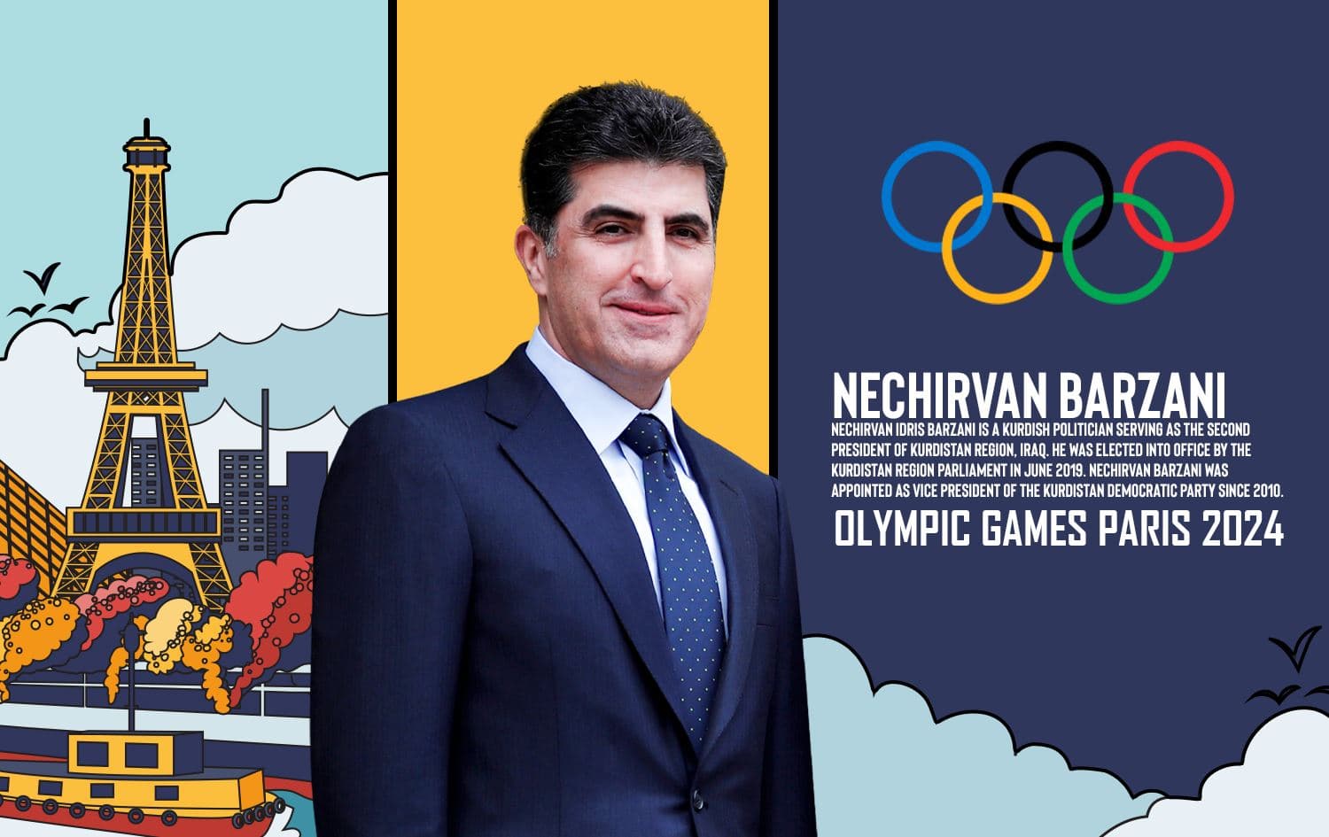 وێنەیەکی گرافیکیی نێچیرڤان بارزانی، سەرۆکی هەرێمی کوردستان لەگەڵ لۆگۆی ئۆڵۆمپیاد و پاریس