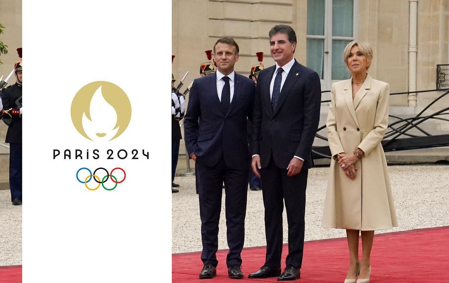 From left: Kurdistan Region President Nechirvan Barzani, French President Emmanuel Macron and French first lady Brigitte Macron in Paris. Date: July 26, 2024. Photo: AFP