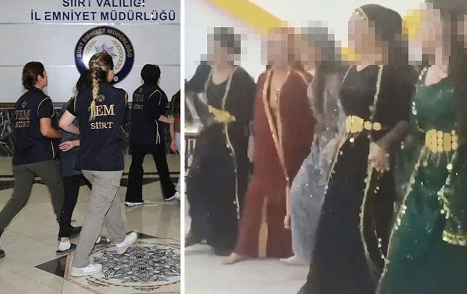 From left, Turkish police arresting Kurdish individuals who appeared in dancing in viral videos, and Kurdish women in Siirt province dancing while wearing Kurdish clothes. Photo: AA, Social media