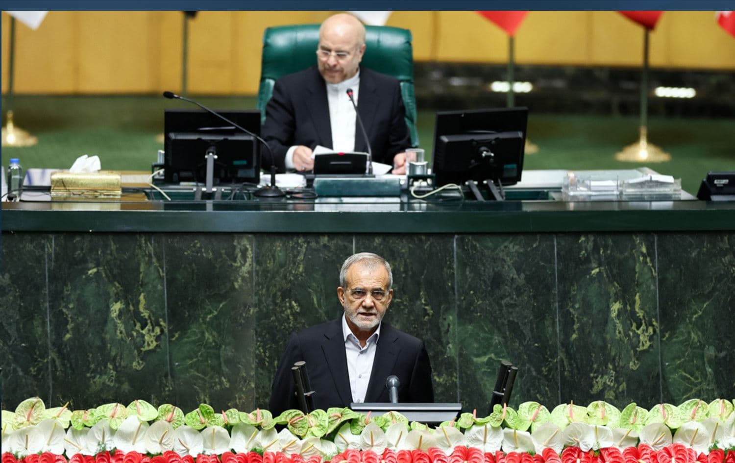 Masoud Pezeshkian (standing down) being sworn in at the parliament on July 30, 2024. Photo: IRNA