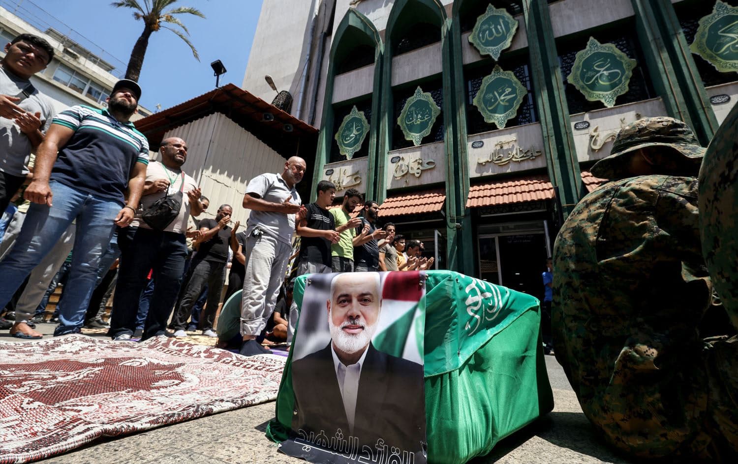 Members of the Palestinian Joint Action Committee hold a rally and a symbolic funeral for late Hamas leader Ismail Haniyeh, in Beirut, on August 2, 2024. Photo: AFP