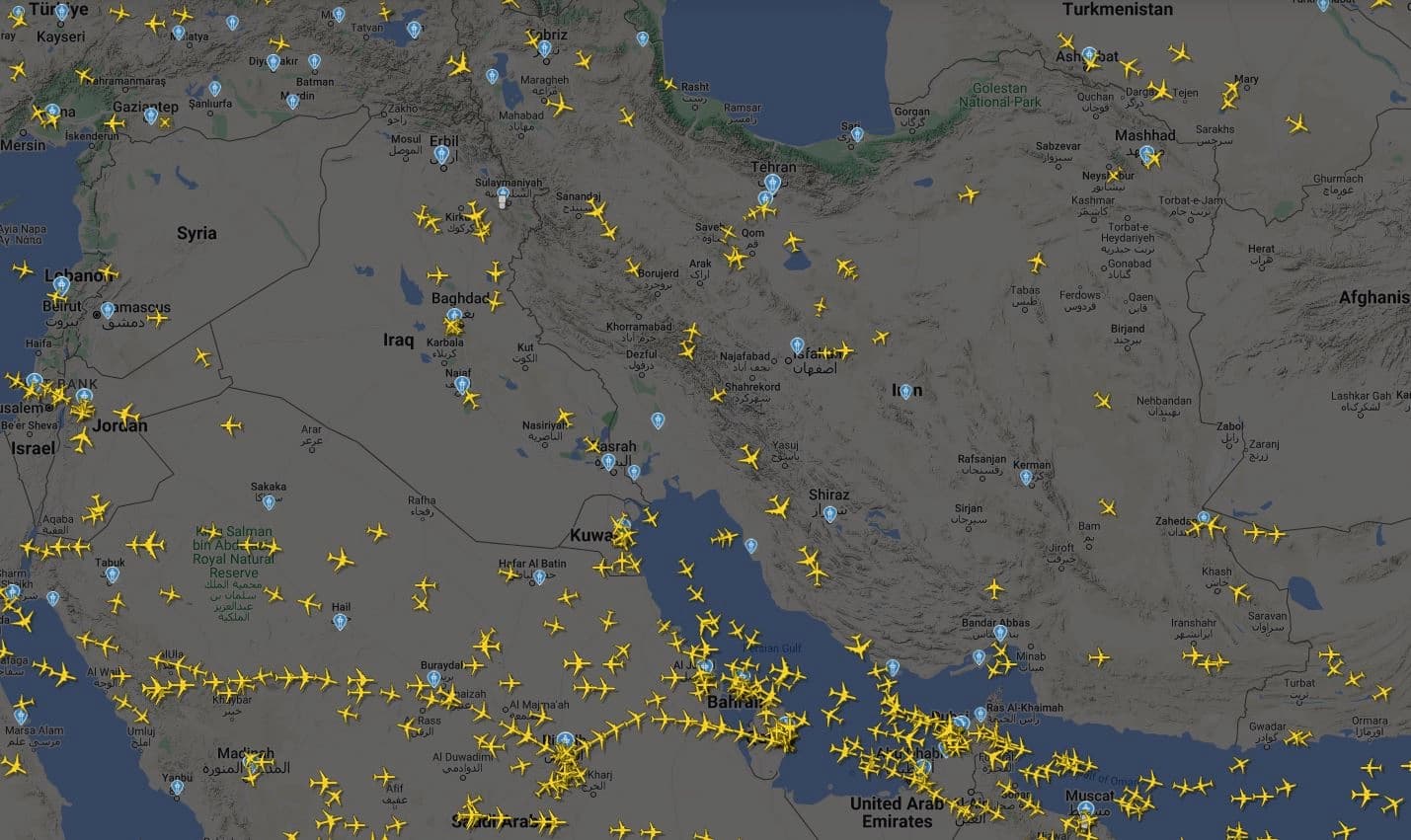 جوڵەی فڕۆکەکان کاژێر 11:45ـی شەوی 7-8-2024 لە ئاسمانی ئێران و ناوچەکە بەپێی ماڵپەڕی flightradar24
