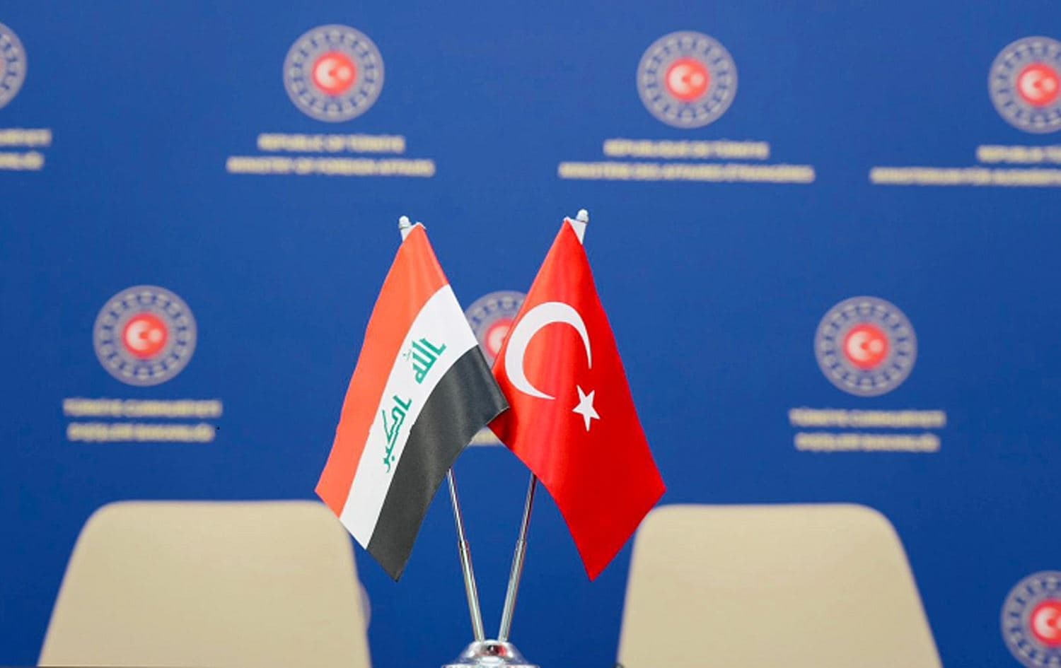 From left: Iraqi and Turkish flags displayed at the Turkish foreign ministry in Ankara on August 15, 2024. Photo: Iraqi MFA