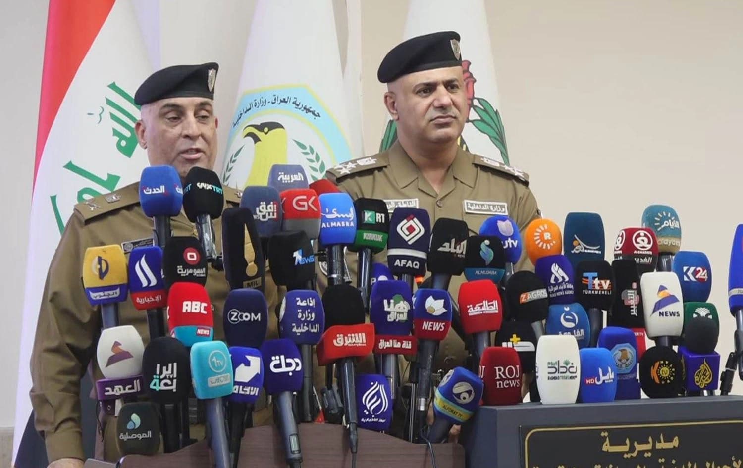 Nashat al-Khafaji, the head of Iraq’s department of civil status, passports and residence (left) and Iraqi interior ministry spokesperson Miqdad Miri speaking during a press conference in Baghdad on September 7, 2024. Photo: Rudaw