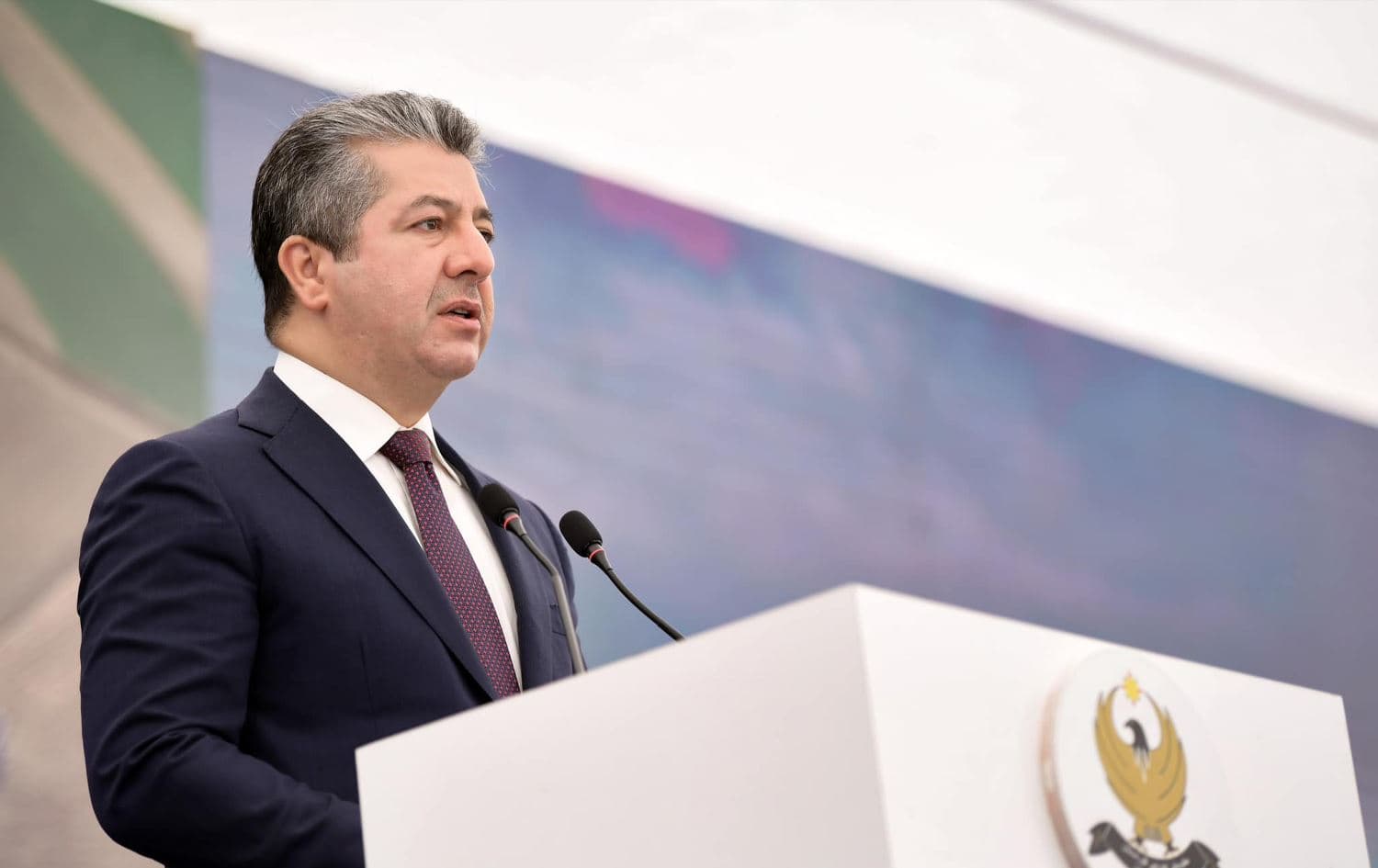 Kurdistan Regional Government (KRG) Prime Minister Masrour Barzani speaking at the launch event of the Erbil water project on September 8, 2024. Photo: KRG