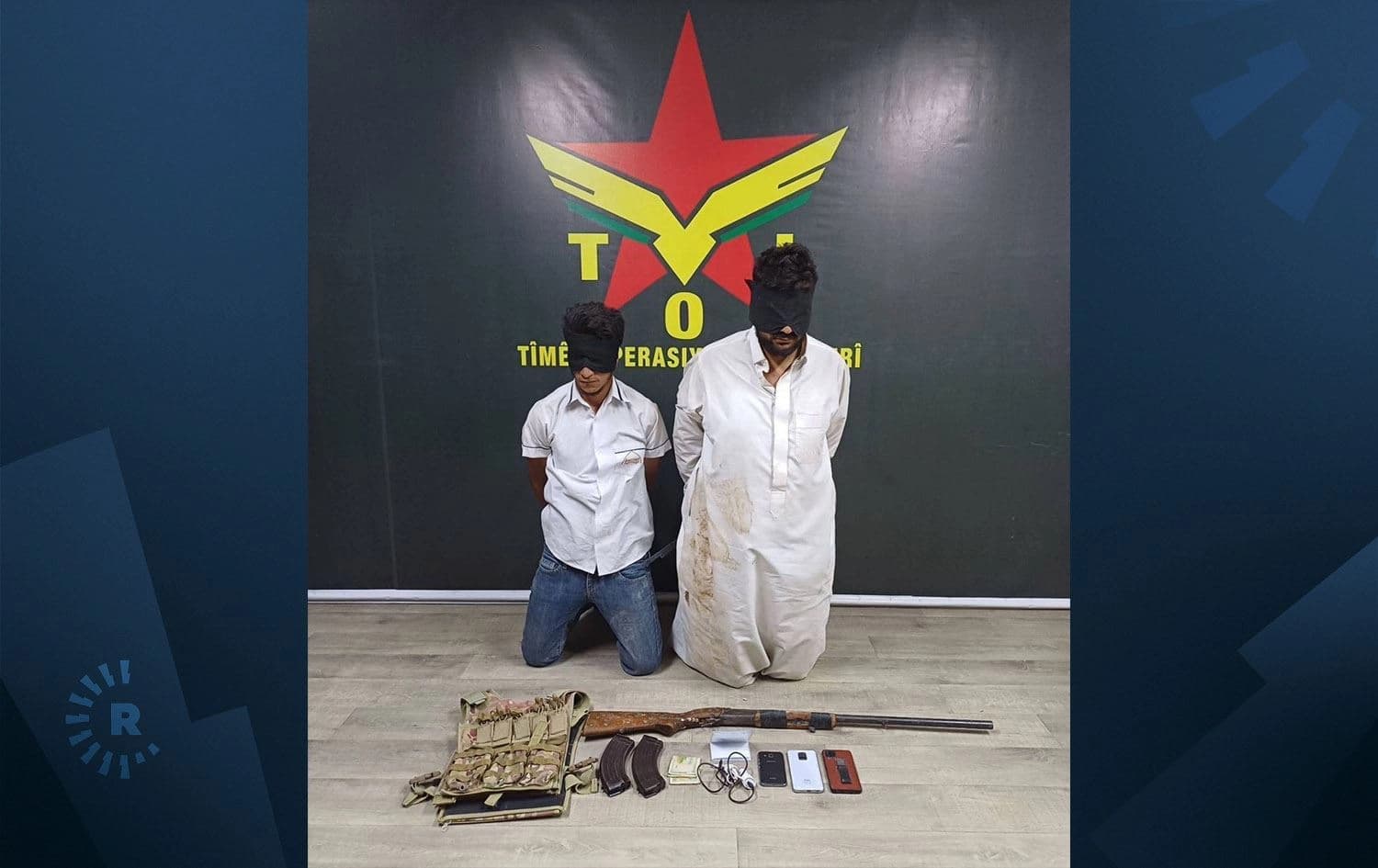 Two suspected ISIS militants who were arrested in an operation carried out by the Kurdish-led Syrian Democratic Forces in Hasaka, northeast Syria (Rojava) on September 9, 2024. Photo: SDF