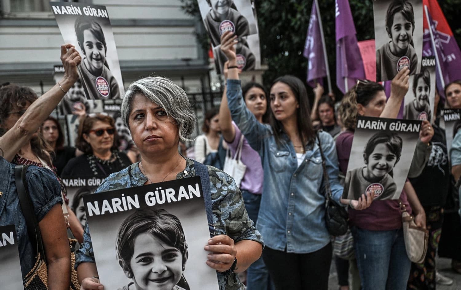 Protesters hold portraits of Narin Guran during a protest at Kadikoy district in Istanbul on September 8, 2024. Photo: Ozan Kose/AFP 