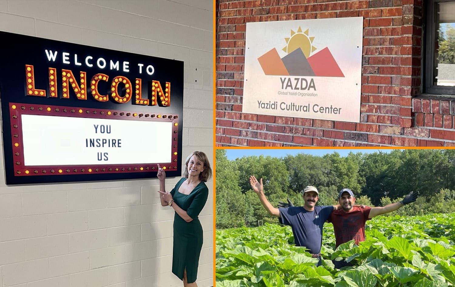 Left: Lincoln Mayor Leirion Gaylor Baird poses with a sign reading ‘Welcome to Lincoln,’; Top right: Yazidi Cultural Centre in Lincoln; Bottom right: Shahab Bashar (right) and another Yazidi farmer pose for a photo at a farm in Lincoln, Nebraska. Photos: submitted and Mayor's office