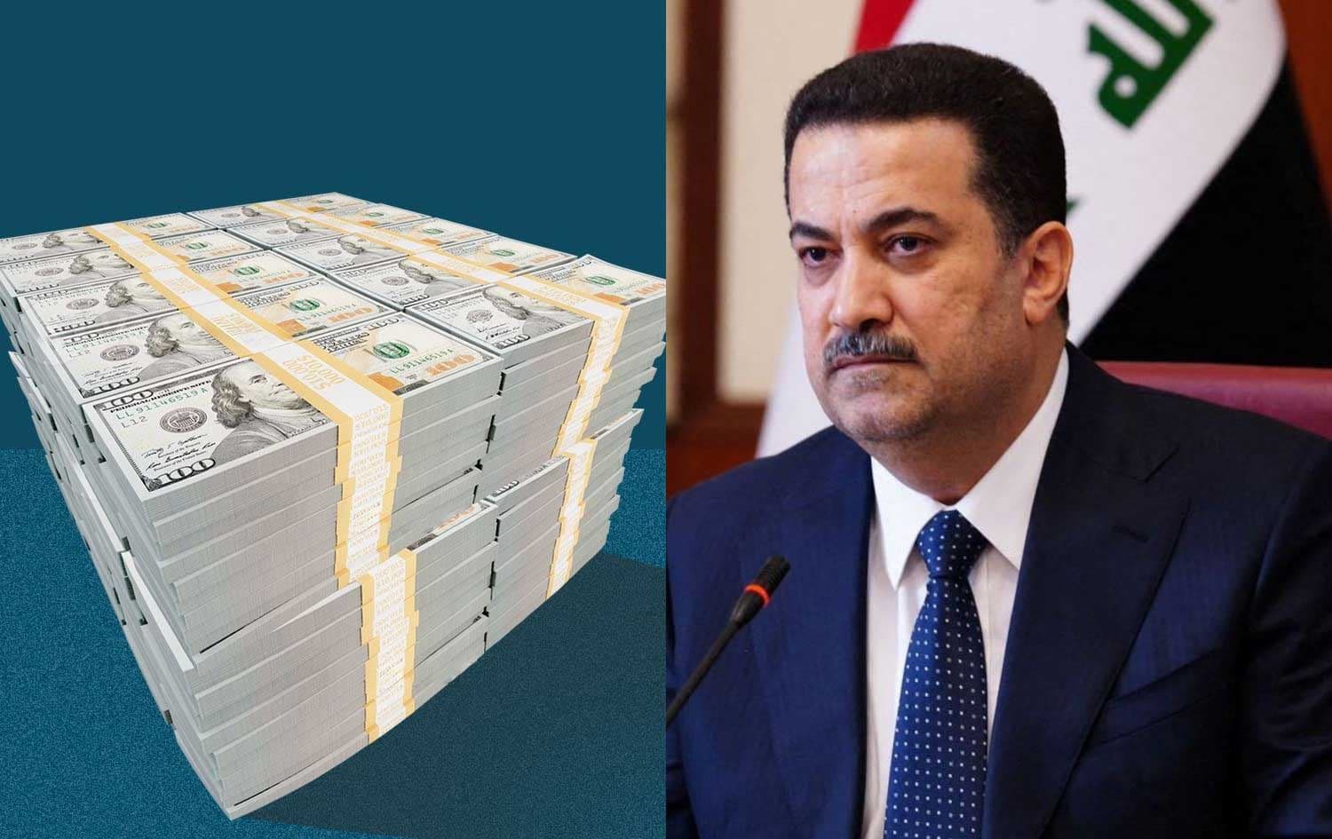 وێنەیەکی محەممەد شیاع سوودانی لەگەڵ بلۆکێکی دۆلاری ئەمریکی