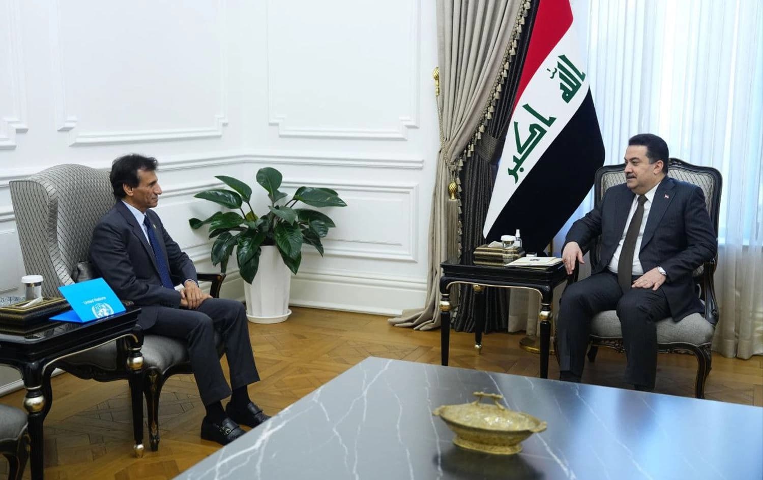 Iraq's Prime Minister Mohammed Shia' al-Sudani meeting with new UNAMI chief Mohamed al-Hassan in Baghdad on October 13, 2024. Photo: PM Sudani's office