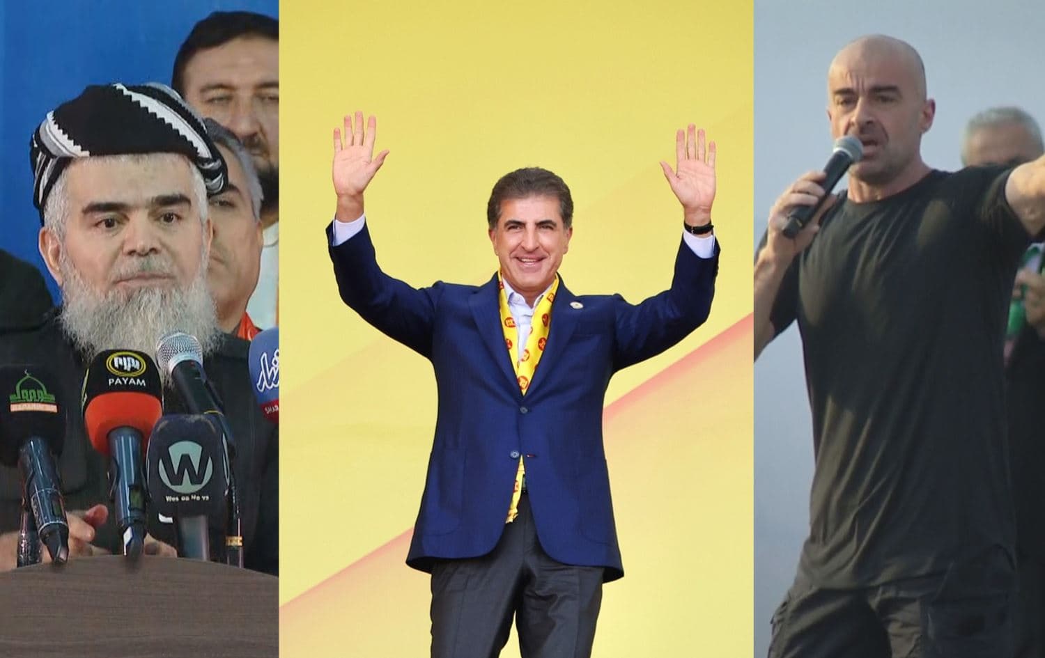From left: Ali Bapir, leader of Kurdistan Justice Group (Komal); Kurdistan Region President Nechirvan Barzani and Kurdistan Democratic Party (KDP) deputy leader; Bafel Talabani, leader of the Patriotic Union of Kurdistan (PUK) giving speeches at party rallies on October 14, 2024. Photo: Rudaw/KDP media