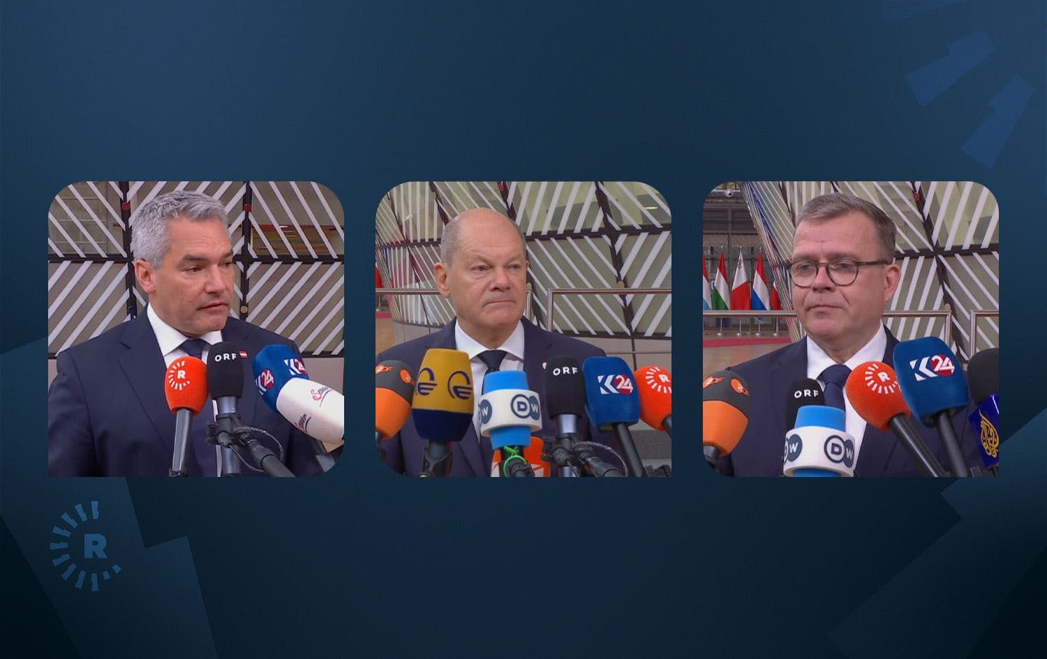 From left: Austrian Chancellor Karl Nehammer, German Chancellor Olaf Scholz, and Finnish Prime Minister Petteri Orpo speaking on the sidelines at the European Summit in Brussels on October 17, 2024: Graphic: Rudaw