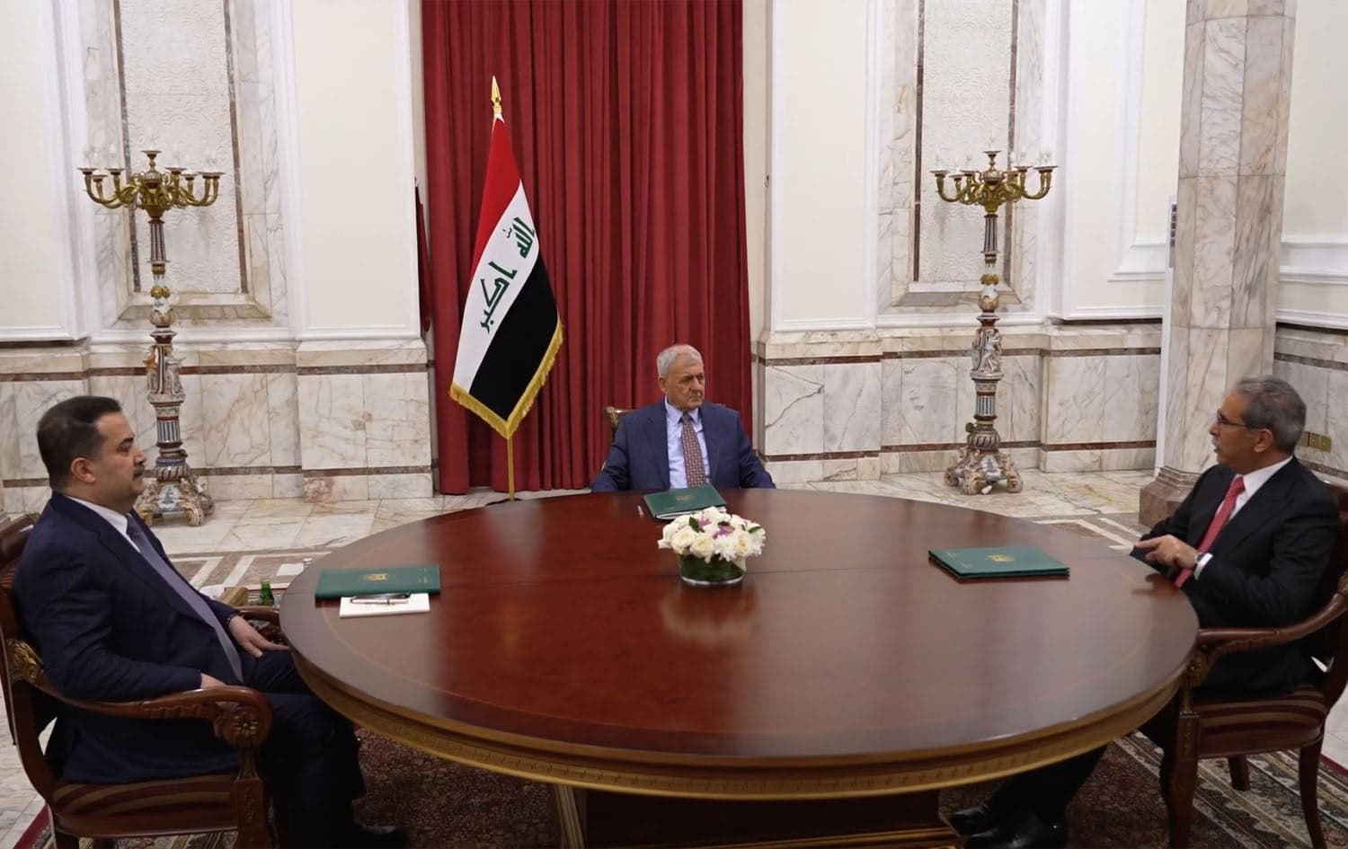 Iraqi Prime Minister Mohammed Shia' al-Sudani (left), President Abdul Latif Rashid (center) and head of the Supreme Judicial Council Faiq Zidan met in Baghdad on October 19, 2024. Photo: Screengrab/PM Sudani's office