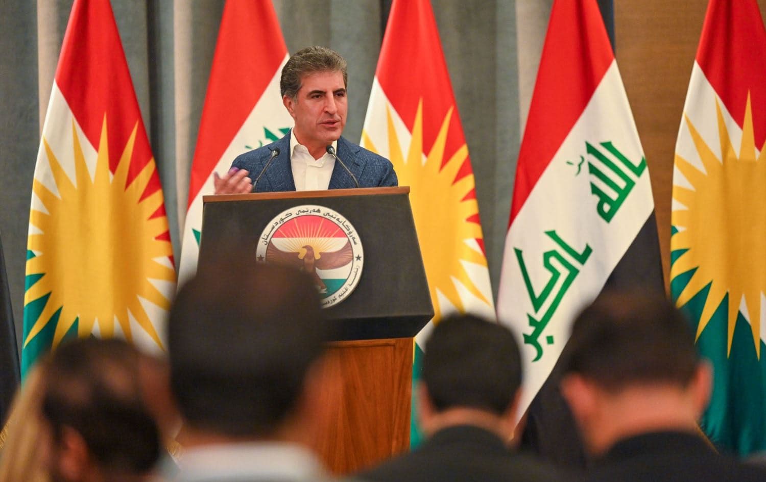Kurdistan Region President Nechirvan Barzani speaking to reporters after casting his vote in the October 20, 2024 parliamentary elections. Photo: Bilind T. Abdullah/Rudaw