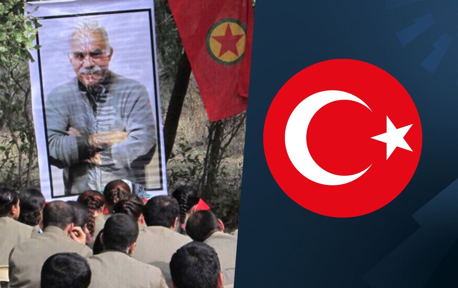 PKK fighters and portrait of its leader Abdullah Ocalan (left) and Turkish flag (right). Graphic: Rudaw