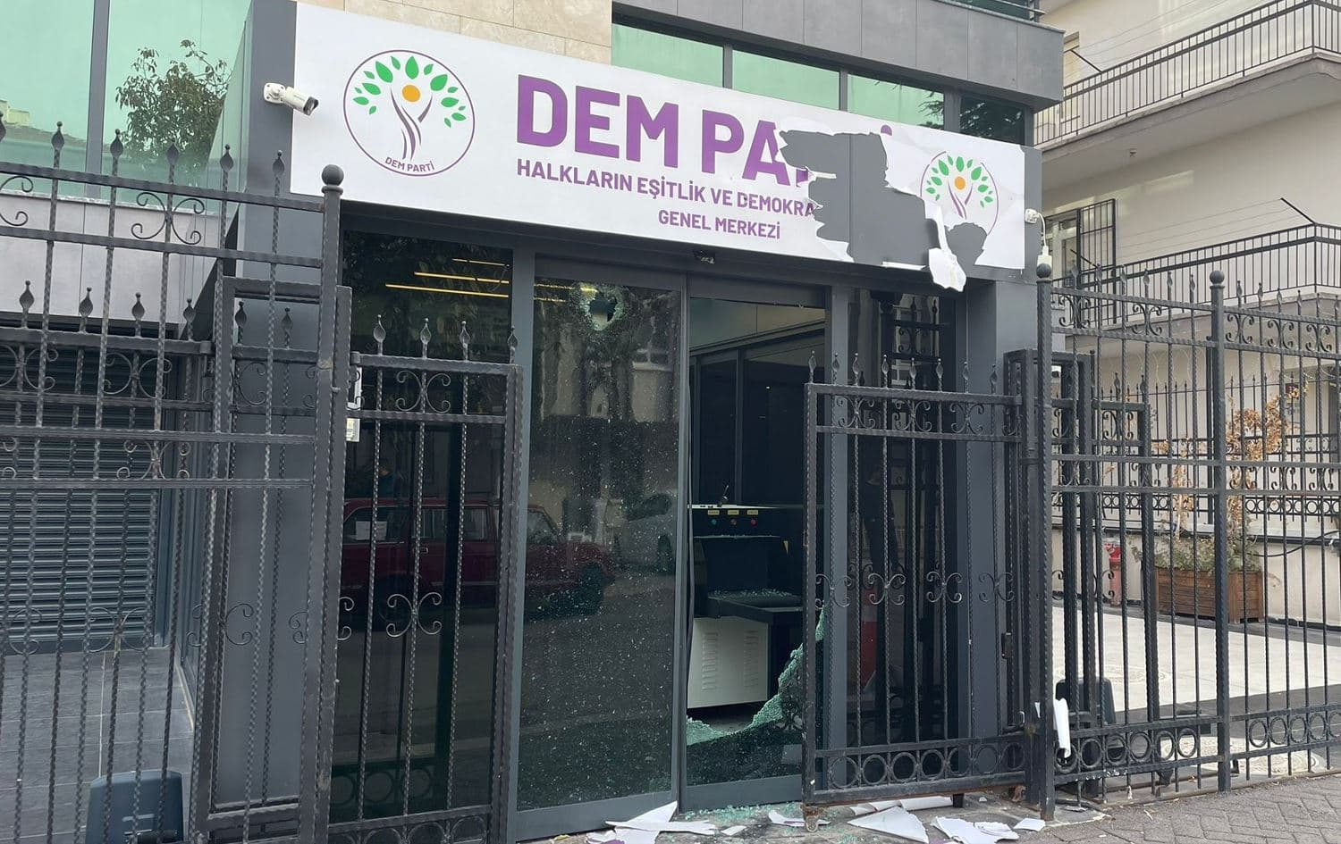 Damaged doors and windows of the the Peoples’ Equality and Democracy Party (DEM Party) headquarters in Ankara after an attack on October 25, 2024. Photo: Rudaw