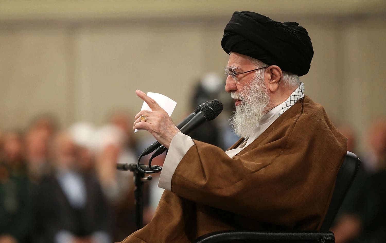 A handout picture provided by the office of Iran's Supreme Leader Ayatollah Ali Khamenei on October 27, 2024, shows him addressing the crowd during a meeting in Tehran. Photo: KHAMENEI.IR / AFP