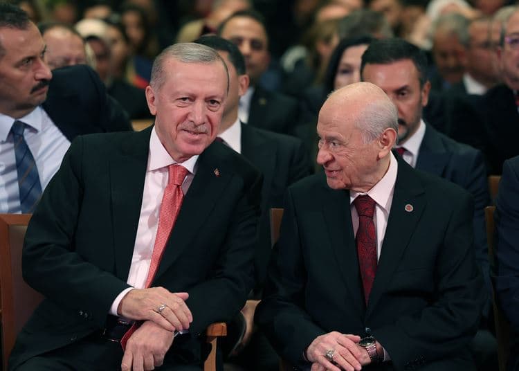 Turkish President Recep Tayyip Erdogan (left) and MHP leader Devlet Bahceli (right) attending a ceremony celebrating the 101st anniversary of the proclamation of the republic of Turkey on October 29, 2024. Photo: AA