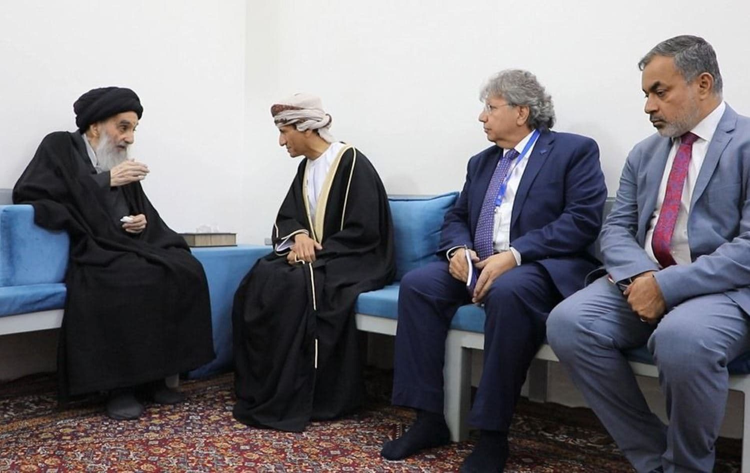 Grand Ayatollah Ali al-Sistani (left) meeting with the head of the UN Assistance Mission for Iraq Mohamed al-Hassan (center) on November 4, 2024.