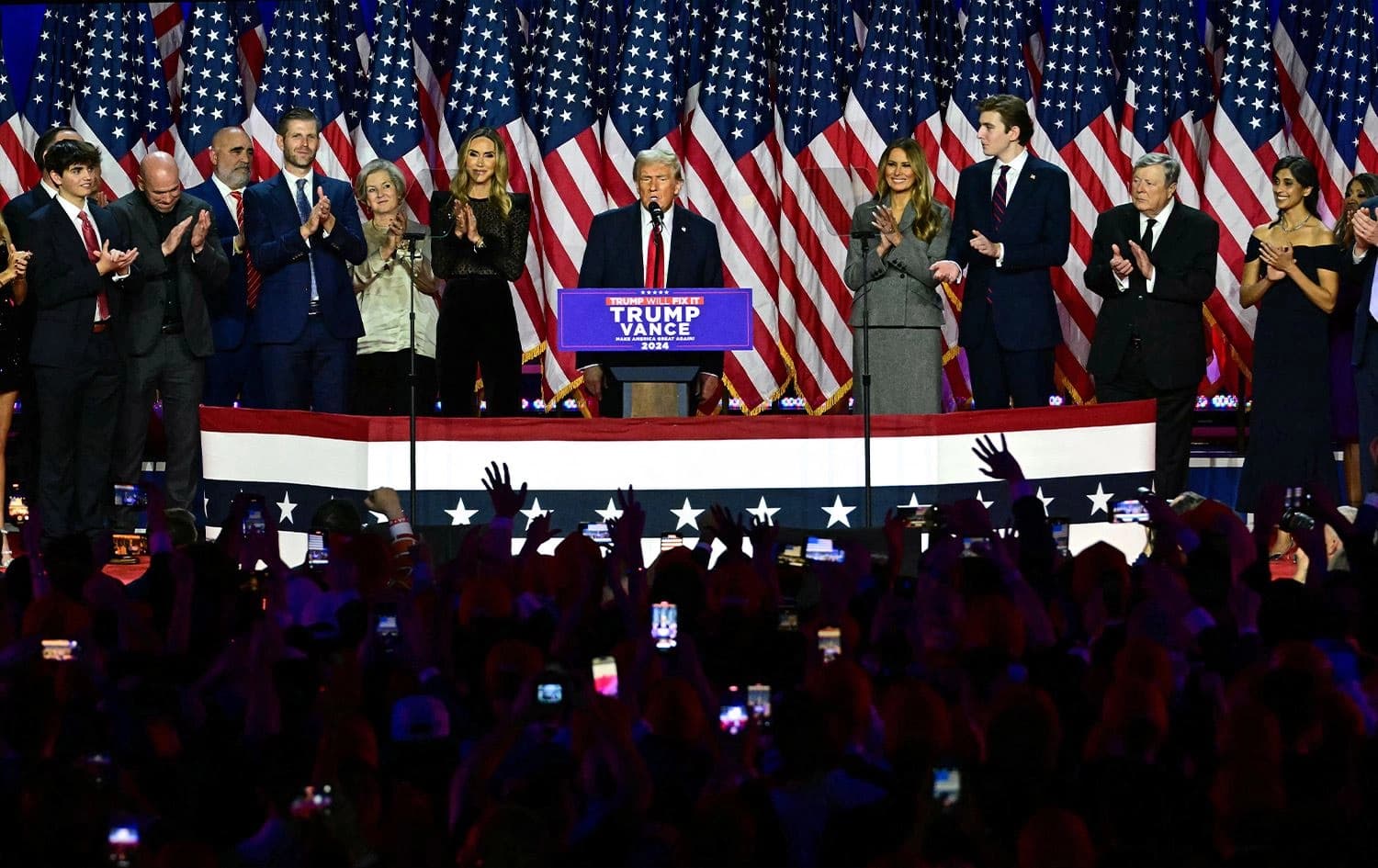 Former US President and Republican presidential candidate Donald Trump speaks during an election night event at the West Palm Beach Convention Center in West Palm Beach, Florida, on November 6, 2024. Photo: Jim Watson/AFP