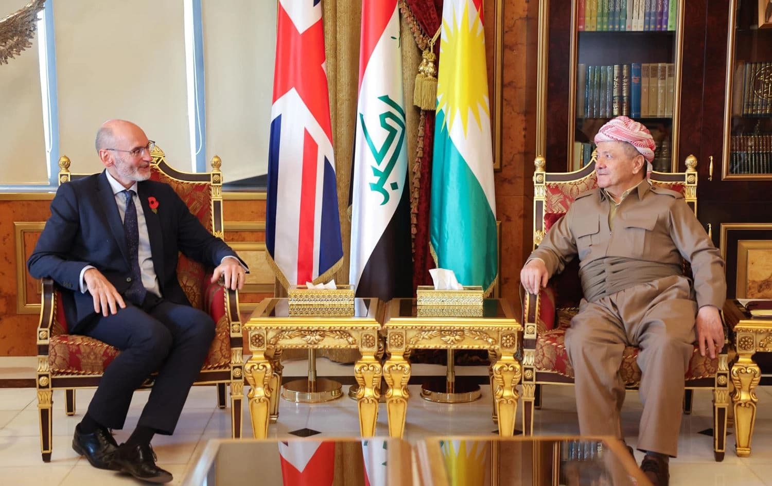 KDP leader Masoud Barzani (right) received British ambassador to Iraq Stephen Hitchen in Erbil on November 6, 2024. Photo: Barzani's office