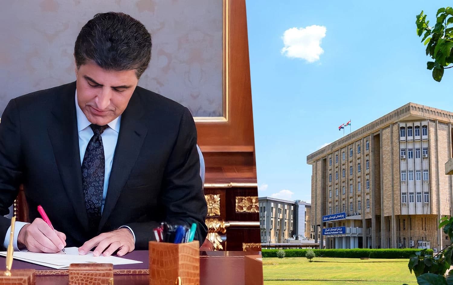 From left: Kurdistan Region President Nechirvan Barzani, and Kurdistan parliament building. Photos: handout/file. Graphic: Rudaw 
