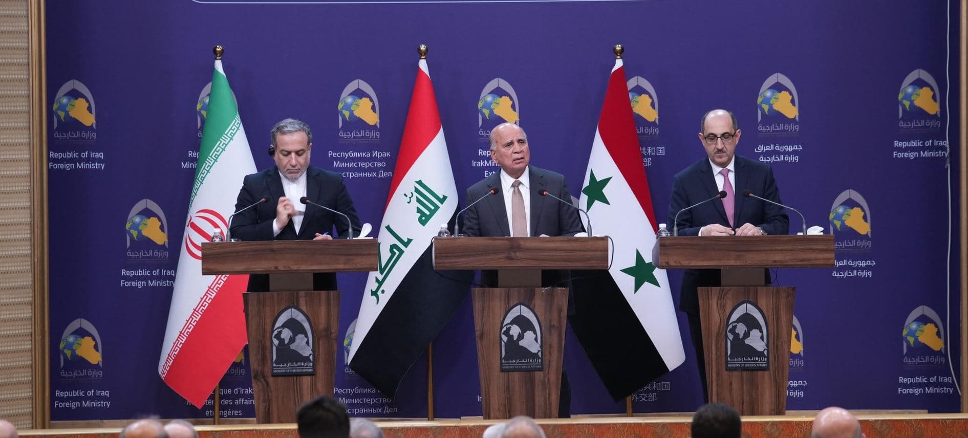 From left: Iranian, Iraqi and Syrian foreign ministers holding a joint press conference in Baghdad on December 6, 2024. Photo: handout
