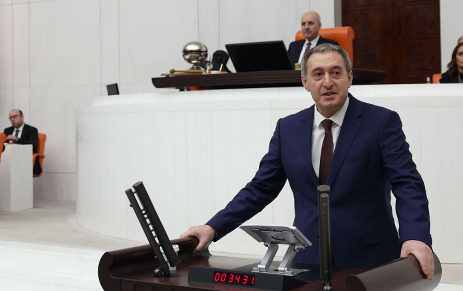 DEM Party co-Chair Tuncer Bakirhan speaking in the Turkish parliament on December 9, 2024. Photo: DEM Party