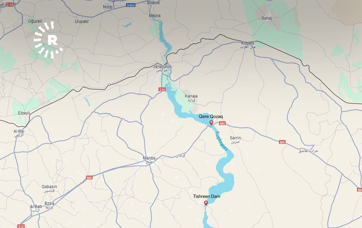 Map showing areas targeted by SNA on December 10, 2024. Credit: Google Maps/Rudaw