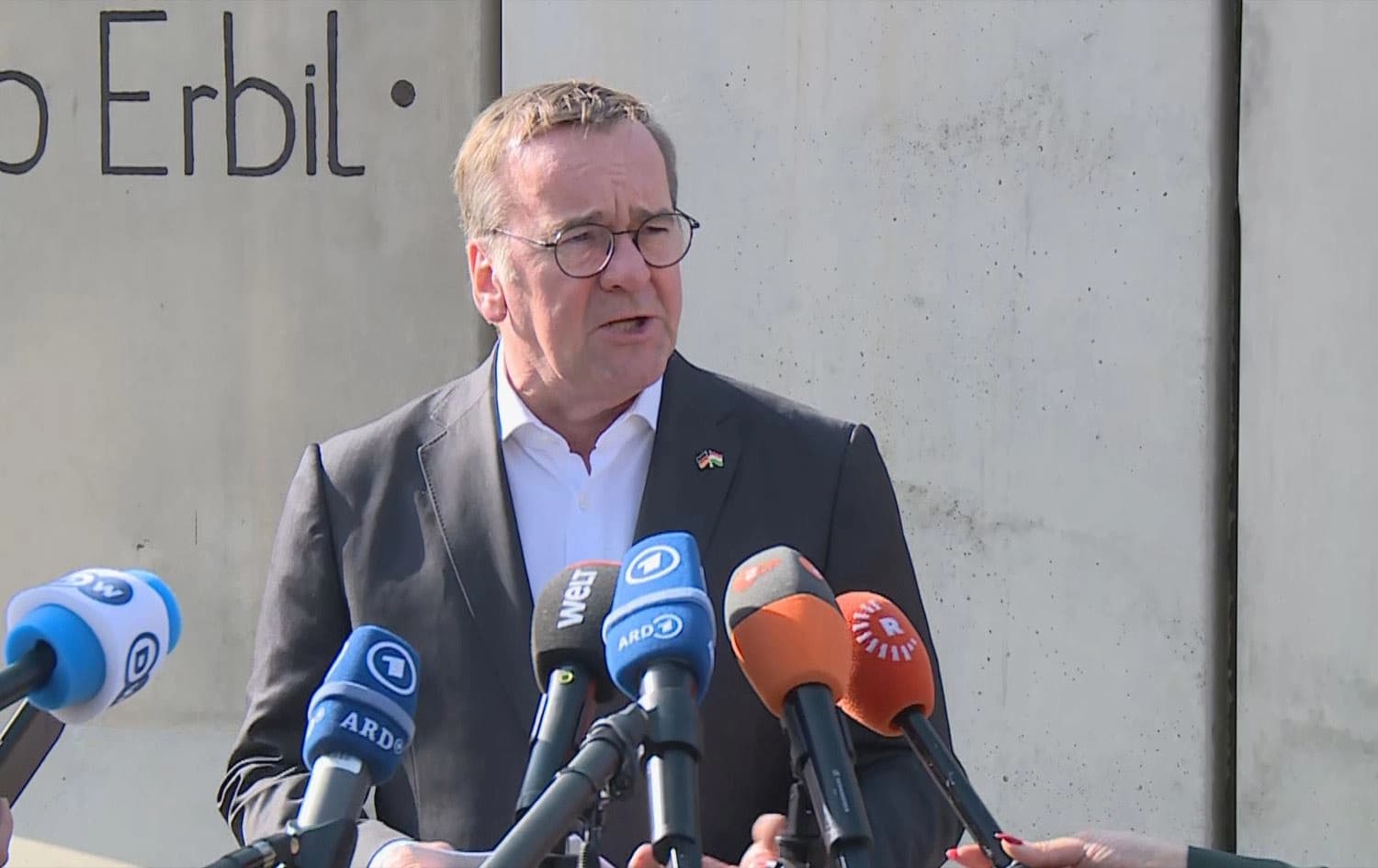 German Defense Minister Boris Pistorius speaking to reporters at the German military base in Erbil on December 12, 2024. Photo: Rudaw