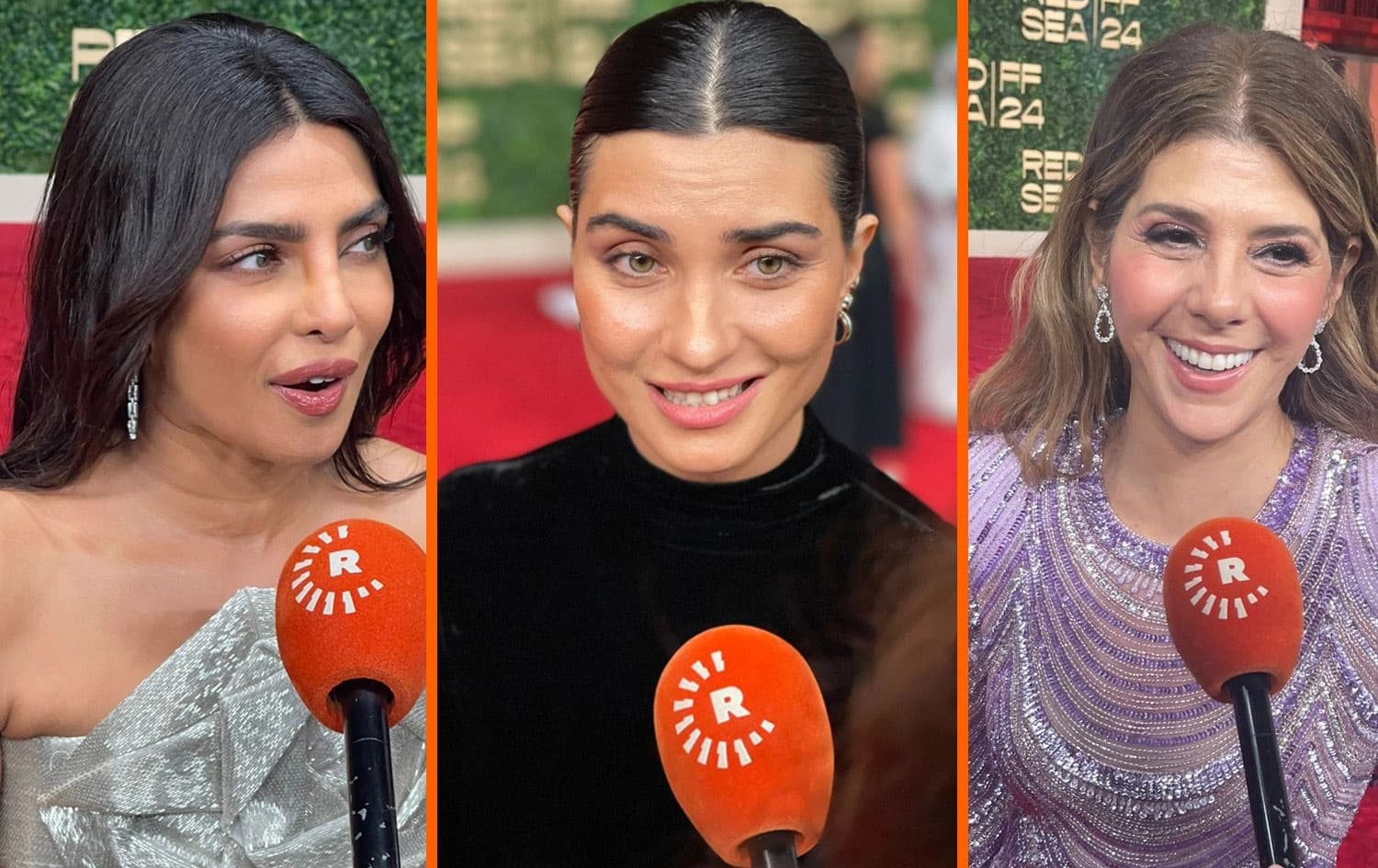 From left, Priyanka Chopra, Tuba Buyukustun, and Marisa Tomei talk to Rudaw at the Red Sea Film Festival in Jeddah, Saudi Arabia on December 12, 2024. Photo: Rudaw