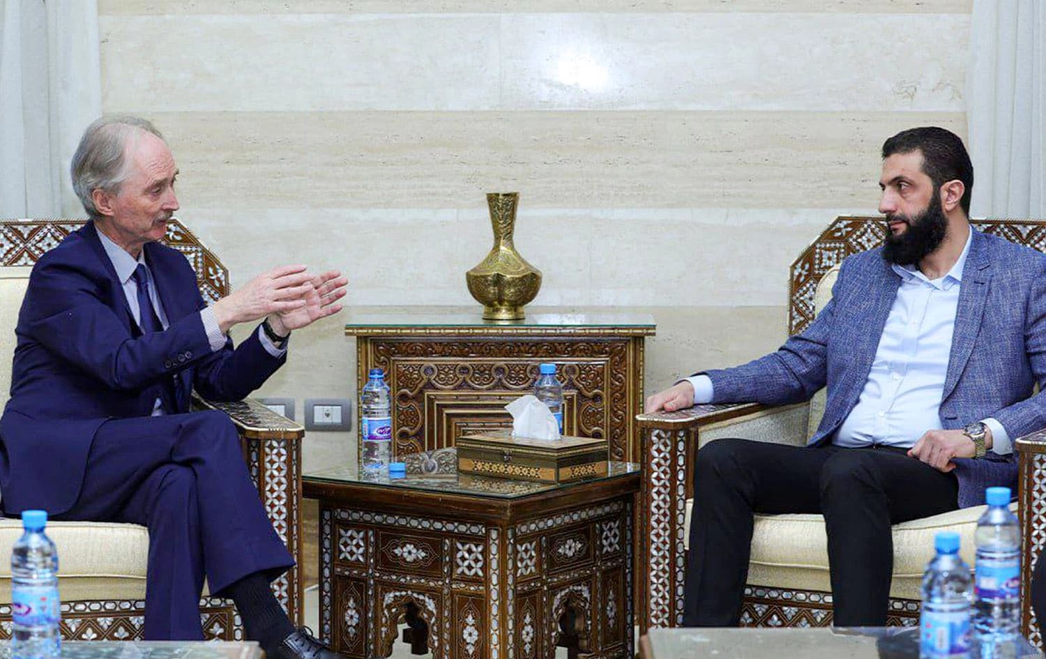 Hay'at Tahrir al-Sham (HTS) leader Ahmed al-Sharaa, more commonly known as Abu Mohammed al-Jolani, meets with UN Special Envoy to Syria Geir Pedersen in Damascus on December 15, 2024. Photo: SANA