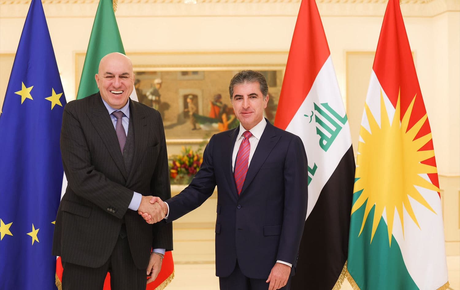Kurdistan Region President Nechirvan Barzani (right) receiving Italian Defense Minister Guido Crosetto in Erbil on December 22, 2024. Photo: Kurdistan Region Presidency