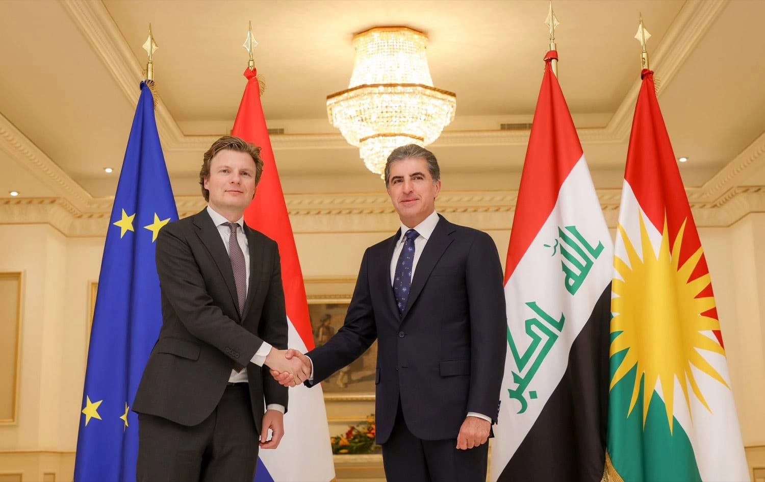 Kurdistan Region President Nechirvan Barzani (right) receiving Dutch Defense Minister Ruben Brekelmans in Erbil on December 23, 2024. Photo: President Barzani/X