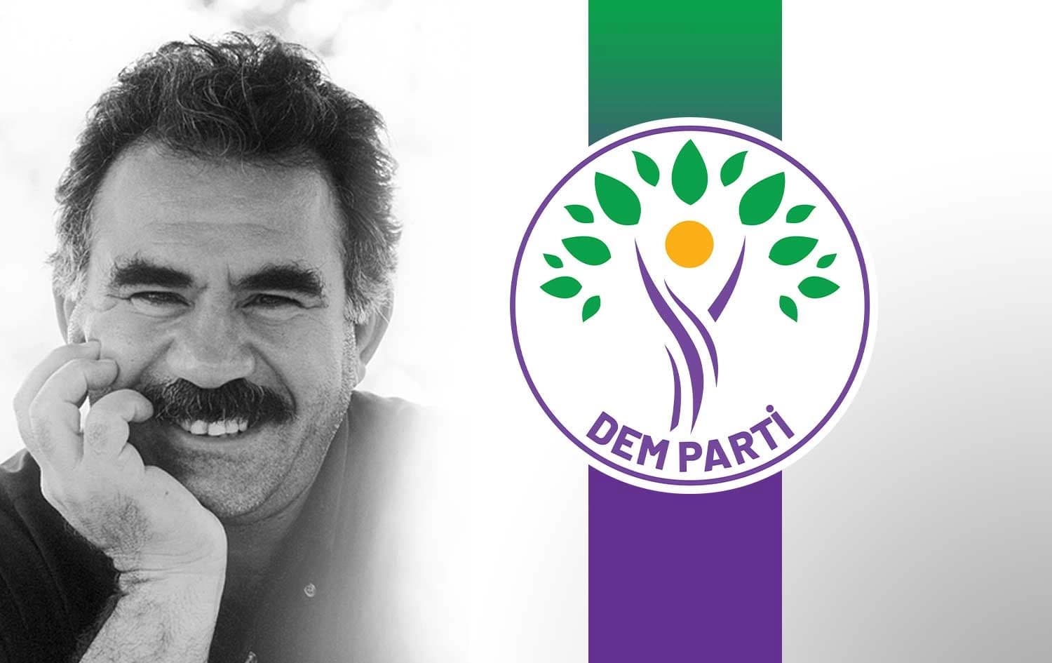 DEM Party logo (right) and jailed PKK leader Abdullah Ocalan (left). Graphic: Rudaw 